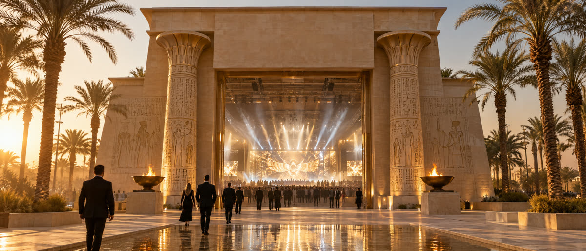 Guests walking through the stone gateway toward the stage