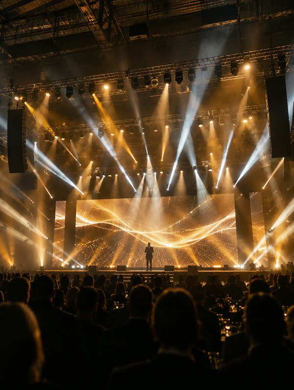 Concert stage with beam lights and LED wall