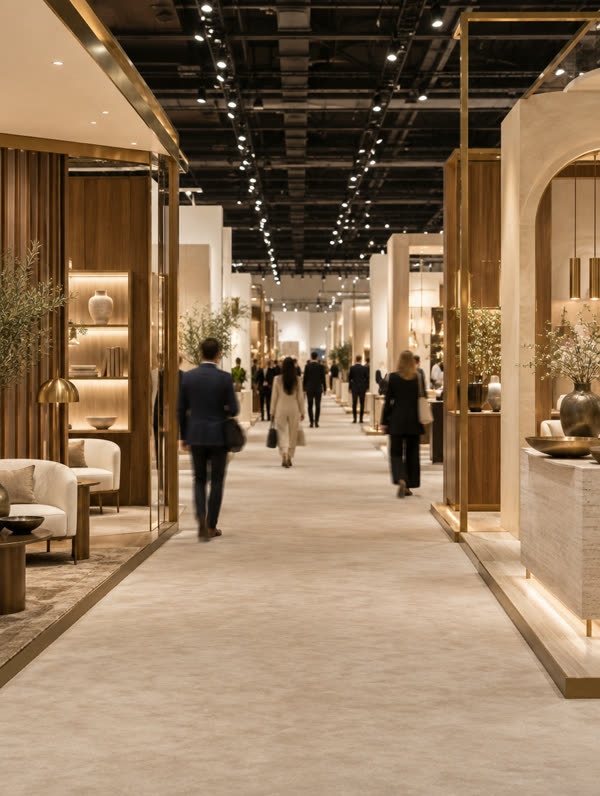 Exhibition hall aisle with custom booths
